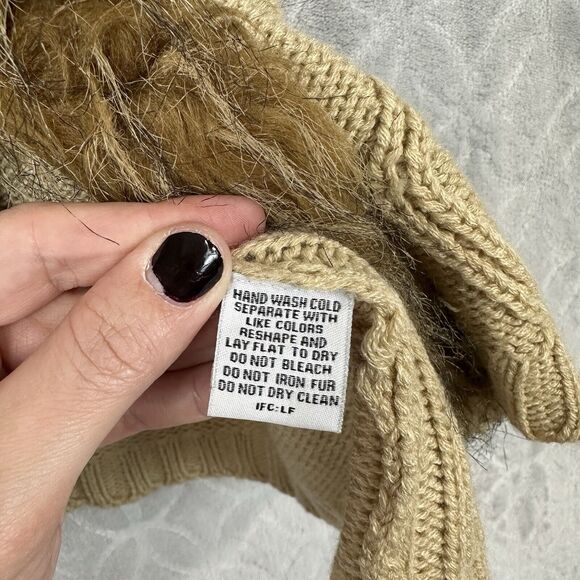 Y2K Hooded Sweater Vest Womens Small Tan Faux Fur Trim Toggle Chunky Penny Lane - Picture 9 of 11